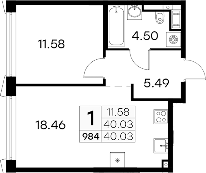 1-комнатная квартира 40.03 м², 18/19 эт., ЖК «GloraX Aura Vasileostrovsky»